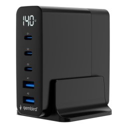 Cargador rápido Gembird GaN 5 puertos 140W USB-C/A Negro
