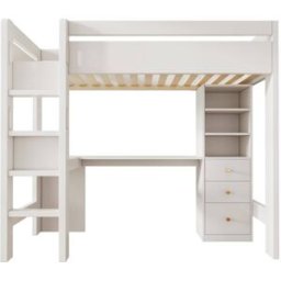 OKWISH Cama alta 90x200 cm blanca de madera con escritorio y almacenaje