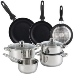 WellHome Batería de cocina 7 piezas de acero inox y sartenes negro ø16,20,24 cm