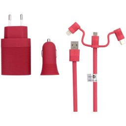 Muvit Life Pack Cargador de Coche + Cargador de Pared + Cable 3 en 1 MicroUSB/USB-C/Lightning Rojo