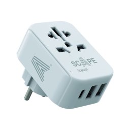 Adaptador Universal Scape Travel 830C Schuko Tipo F, USB-A x2, USB-C, Multienchufe Internacional