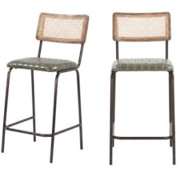 Maison Pavane Lote de 2 sillas de bar de 76 cm de rejilla y cuero verde