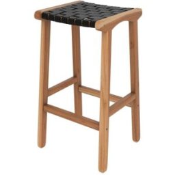 Maison Pavane Taburetes para isla de cocina de teca y cuero negro tejido 66 cm