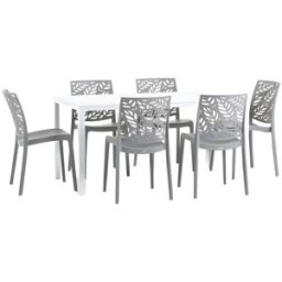 Fuori Conjunto mesa rectangular blanca y 6 sillas de resina gris oscuras
