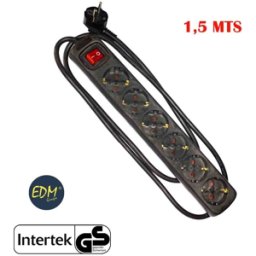 false BASE MULTIPLE 6 TOMAS SCHUKO 1,5 MTS. 3x1,5mm CON INTERRUPTOR COLOR NEGRO
