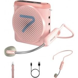 7RYMS Altavoz Amplificador Con Auricular y Micrófono Inalámbrico tipo cascos Rosa