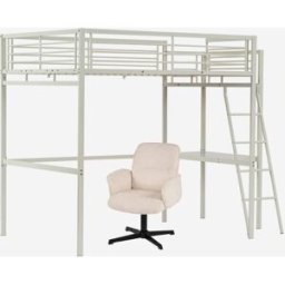 Meubles Cosy Litera alta blanca con escritorio y silla de oficina giratoria beige