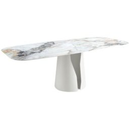 Angel Cerda Mesa comedor ovalada barril mármol porcelánico y acero blanco