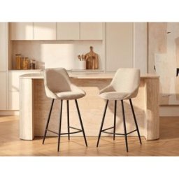 Unique Conjunto de 2 taburetes de bar de terciopelo acanalado y metal negro - Crema - MASURIE