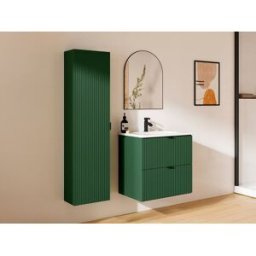 Unique Mueble de baño suspendido estriado, con lavabo encastrado y columna auxiliar- Verde mate - 60 cm - ZEVINI