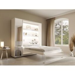 Unique Cama abatible vertical 160 x 200 cm - 1 columna de almacenamiento - Con espejo y LEDs - Blanco - RAPILI