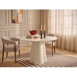 Unique Mesa de comedor redonda para 4 personas en MDF y cristal templado - Beige lacado - AVALINA