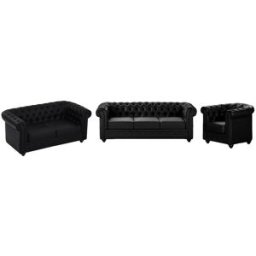 Unique Sofás de 3 plazas, 2 plazas y sillón en imitación cuero negro - CHESTERFIELD