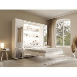 Unique Cama abatible vertical 160 x 200 cm - 2 columnas de almacenamiento - Con espejos y LEDs - Blanco + Colchón - RAPILI