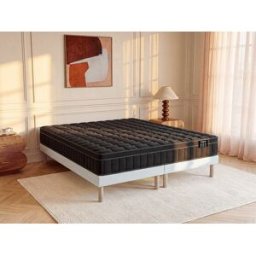 Unique Conjunto colchón y somier 180 x 200 cm - Somier tapizado - Colchón híbrido de muelles ensacados 7 zonas, gel viscoelástico y tejido negro 25 cm de grosor - TOLCA de YSMÉE