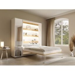Unique Cama abatible vertical 160 x 200 cm - 1 columna de almacenamiento - Con espejo y LEDs - Blanco y natural - RAPILI