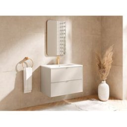 Unique Mueble de baño suspendido con lavabo encastrado, grifo y espejo - Beige - 80 cm - ONDIL