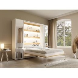 Unique Cama abatible vertical 160 x 200 cm - 2 columnas de almacenamiento - Con espejos y LEDs - Blanco y natural - RAPILI