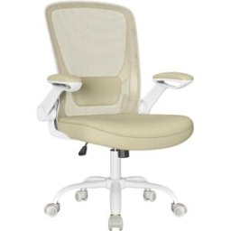 SONGMICS Silla de oficina de malla con apoyabrazos abatibles de color beige