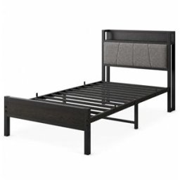 MODFU Cama infantil 90×200 de metal negro con usb y somier de láminas
