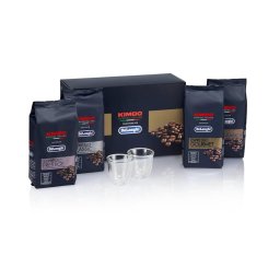 De'Longhi Kit de degustación de granos de café Kimbo for De'Longhi, 4x250g, y dosvasos de café Espresso DLSC316