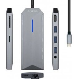 Aisens USB-C Dock 9 en 1, USB-C a 1x HDMI, 1xRJ45, 3x USB, 1x PD, 1x Audio, 1x SD, 1x Micro SD, Gris