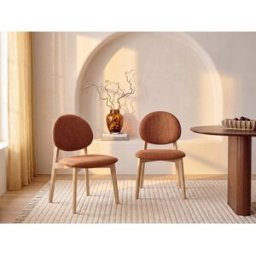 Unique Conjunto de 6 sillas en tela texturizada y madera de hevea natural claro - Terracota - MARLENI