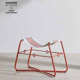 Maisons du Monde Taburete de exterior de acero color teja y lona blanca
