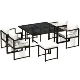 REDOM Conjunto mesa con sillas y pufs de exterior de metal negro