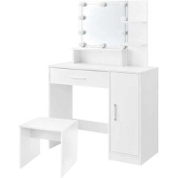 ML-Design Tocador de maquillaje de mdf blanco con led espejo, cajón y taburete