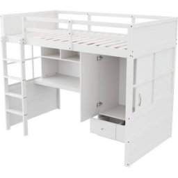 ComfortXL Cama alta infantil 90x200 cm con escritorio armario blanca