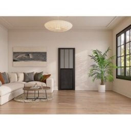 Unique Bloque de puerta reversible de aluminio y vidrio templado traslúcido estilo taller - Alt. 204 x An. 93 cm - Negro - ERMELO