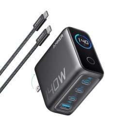 Cargador Anker 140W, Carga Rápida, Qi Pantalla inteligente, 3 USB-C, 1 USB-A, Touch control, Gris
