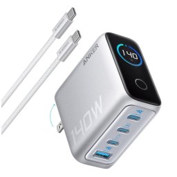 Cargador Anker 140W, Carga Rápida, Qi Pantalla inteligente, 3 USB-C, 1 USB-A,Touch control, Plata