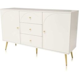 REDOM Cómoda de madera y metal blanco crema 140x40x84 cm