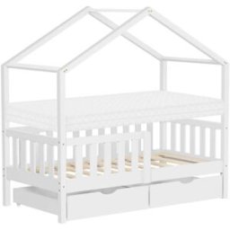 ML-Design Cama infantil casa de madera blanca 70x140 cm con colchón y 2 cajones