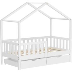 ML-Design Cama infantil casa madera blanco maciza de pino 70x164cm 2 cajones