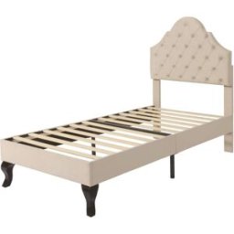 MODFU Cama infantil terciopelo rosa beige 90x200 cm con cabecero regulable