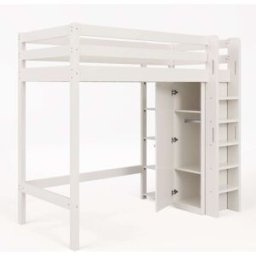 OKWISH Cama alta infantil 90x200 cm blanca de madera con armario y estantes