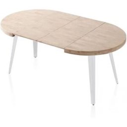 duehome Mesa de comedor redonda extensible en blanco y roble 100-180x100 cm Berg Blanco - Roble