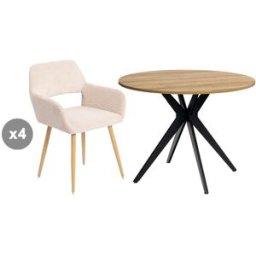 Meubles Cosy Juego de comedor con 4 sillas de pana y 1 mesa redonda efecto roble