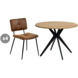 Meubles Cosy Juego de comedor con 4 sillas de ante y 1 mesa redonda efecto roble