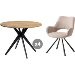 Meubles Cosy Juego de comedor con 4 sillas de tela y 1 mesa redonda efecto roble