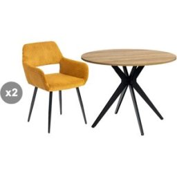 Meubles Cosy Juego de comedor con 2 sillas de pana y 1 mesa redonda efecto roble