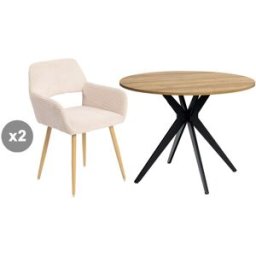 Meubles Cosy Juego de comedor con 2 sillas de pana y 1 mesa redonda efecto roble
