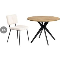 Meubles Cosy Juego de comedor con 4 sillas bouclé y 1 mesa redonda efecto roble