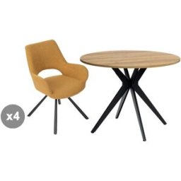 Meubles Cosy Juego de comedor con 4 sillas de tela y 1 mesa redonda efecto roble