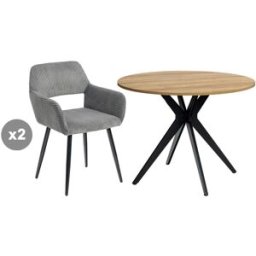Meubles Cosy Juego de comedor con 2 sillas de pana y 1 mesa redonda efecto roble