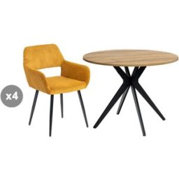 Meubles Cosy Juego de comedor con 4 sillas de pana y 1 mesa redonda efecto roble