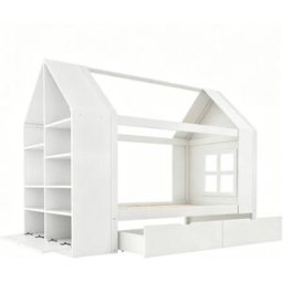 OKWISH Cama infantil blanca de madera maciza con almacenaje 90x200 cm